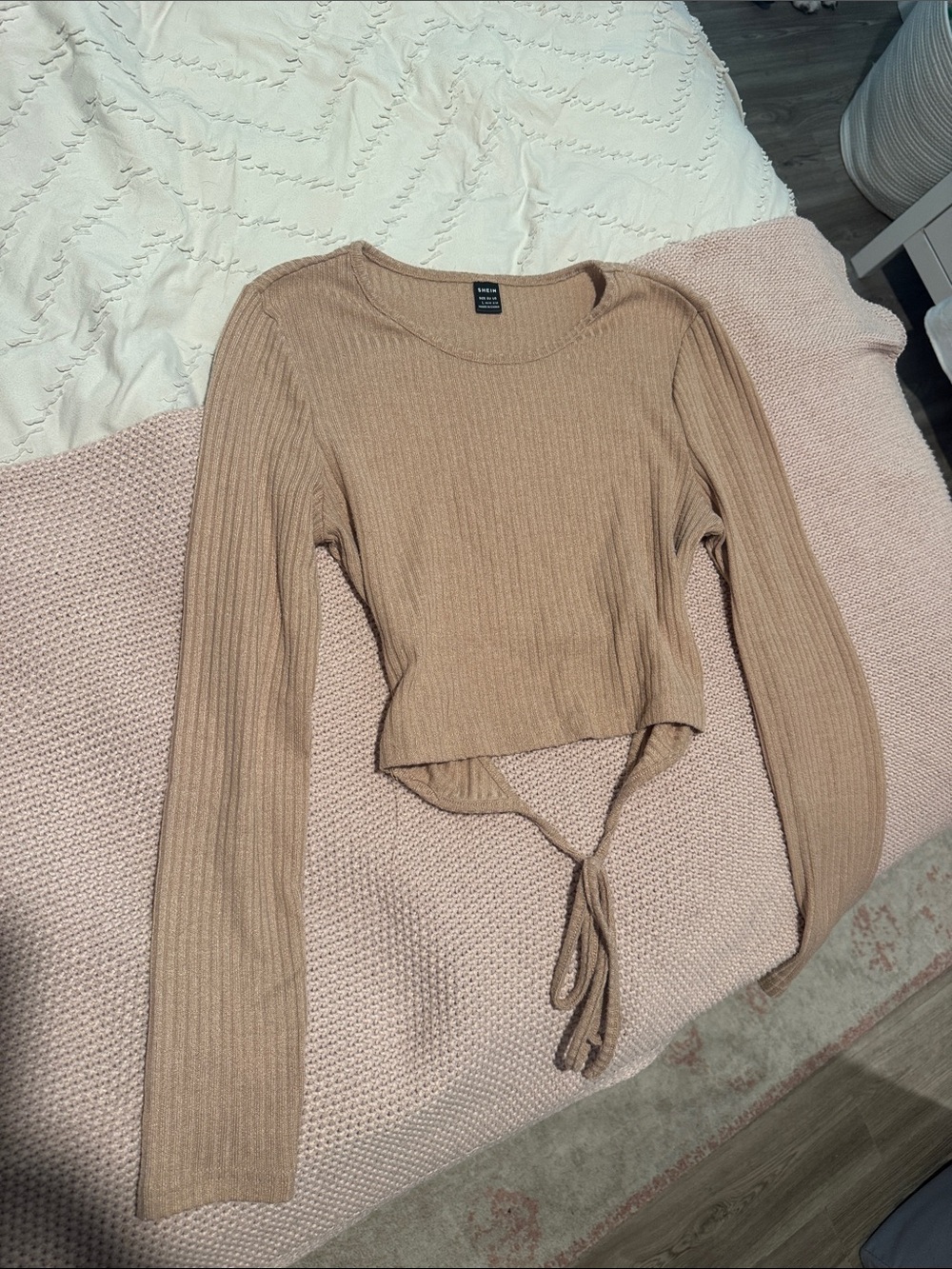 SHEIN Ribbed Long-Sleeve Tie-Front Crop Top - Tan